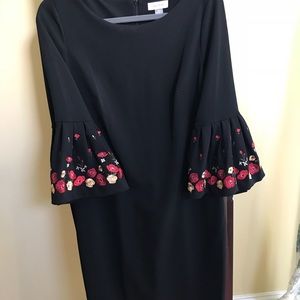 CK bell sleeve sheath dress with flower detail